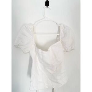 Reformation Linen Sweetheart Neckline White Puff Sleeve Top with Ribbon Size 8